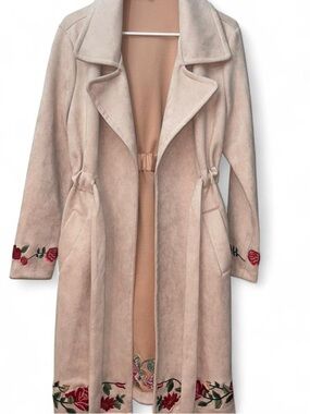 Alice Blue Cream Trench Coat with Red Rose Embroidery